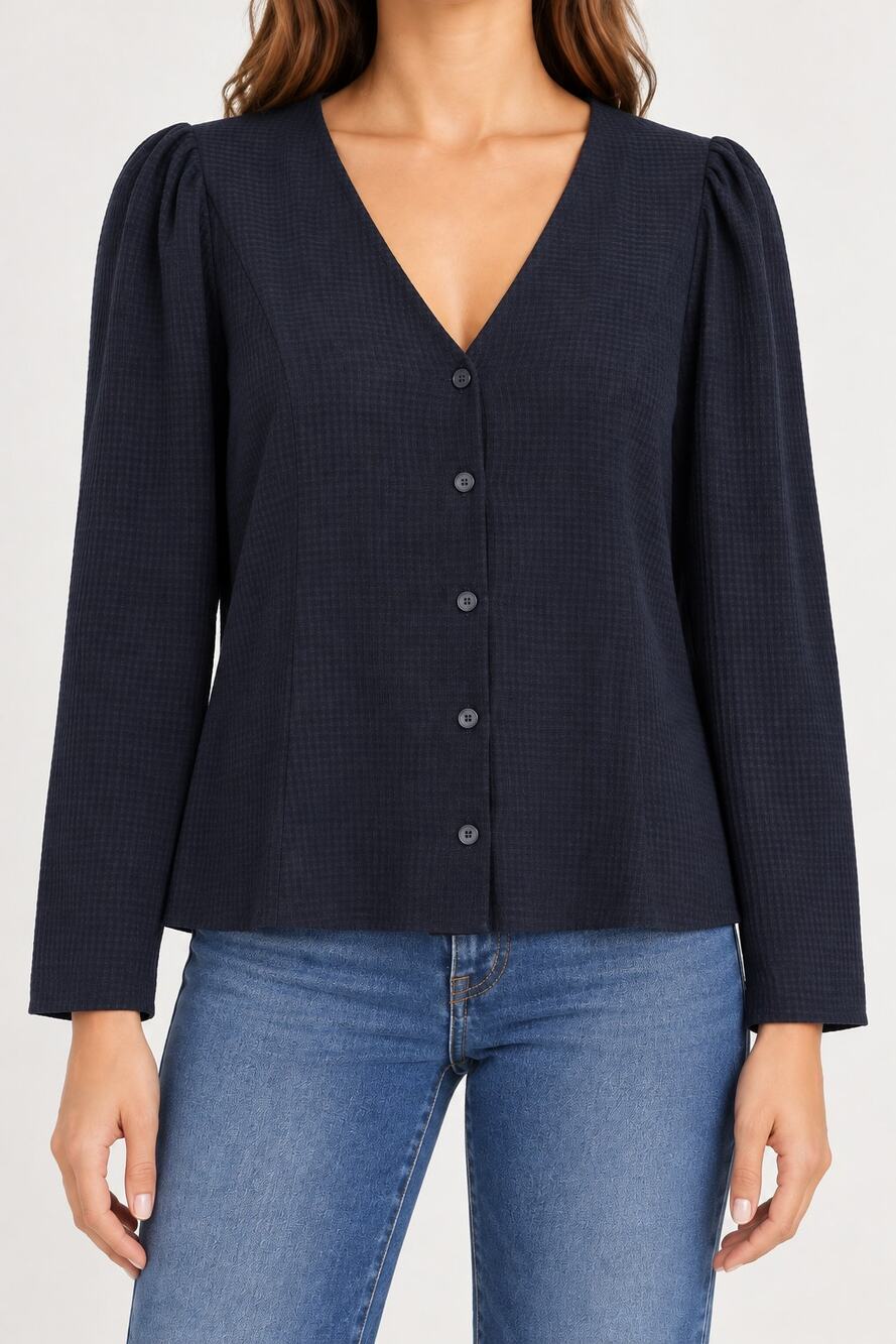 Madewell Womens Black Textured Long Sleeve V Neck Button Front Shirt Top Size-4